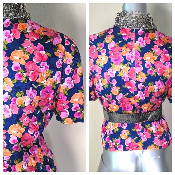 100% Silk Vibrant Bold Floral Print "Papell" Cropped Blouse Blazer - Picture 12 of 15